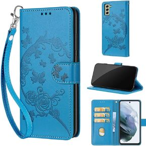 Designed for Samsung Galaxy S21 FE 5G Case Wallet,Women Flip Folio Cover with Embossed PU Leather Credit Card Holders Slots Wrist Strap Phone Case for Samsung S21 FE 6.4 Inch (Blue Flower)