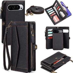 for Google Pixel 9 Pro XL Wallet Case for Women, Pixel 9 Pro XL 5G Case with RFID Blocking Card Holder, Leather Zipper Wallet Detachable Magnetic Phone Case with Crossbody Strap, Purple