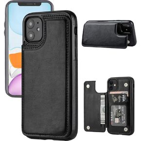 iPhone 11 Wallet Case with Card Holder,Premium PU Leather Kickstand Card Slots Case with a Free Screan Protector,Double Magnetic Clasp and Durable Shockproof Cover for iPhone11(6.1")-Black
