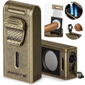 Cigar Lighter Torch Lighter with Adjustable Jet Dual-Flame, Built-in Cigar Punch, Cigar Holder, Cigar Cutter, Windproof Refillable Butane Lighters for Smoking, Cigar Gift for Men (Butane Not Included)