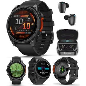 Wearable4U Garmin Fenix 8 – 47 mm, AMOLED Multisport GPS Smartwatch, Slate Gray with Black Silicone Band, Built-in LED Flashlight Black Earbuds Bundle