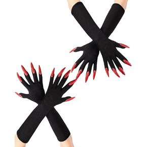Suhine 2 Pair Halloween Claw Gloves Long Fingernails Black Gloves Scary Ghost Witch Devil Paw Gloves Cat Wolf Paw Gloves with Glue for Halloween Party Cosplay Adult