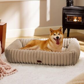 Bedsure Cute Dog Bed for Large Dogs - Washable Furry Puppy Beds, Rectangle Orthopedic Corduroy Fleece Pet Beds with Removable Zipper Cover, 36x27x8inches, Tuscan Beige