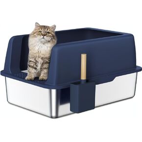 Stainless Steel X-Large Blue Semi-Enclosed Litter Box kit for Multiple Cats, Matching Scooper and Holder Included, High-Sided, Easy to Clean