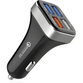 USB Car Charger Adapter, 4 Ports QC3.0 Cell Phone Fast Charger, Multi-Port Smart Quick Charger, Auto Charge Adapter for Cigarette Lighter, Compatible with iPhone, Samsung, All Smartphones