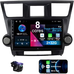 Car Stereo for Toyota Highlander 2008-2013 4+32G 8 Core Android 12 with Wireless CarPlay Android Auto, 10.1 inch IPS Bluetooth Car Radio Player with Backup Camera, AM/FM/RDS, AUX, Hi-Fi, SWC