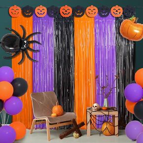 Halloween Party Decoration, 2 Pack Halloween Foil Fringe Curtains, Orange Purple Black Metallic Tinsel Foil Fringe Curtains Photo Streamers Backdrop for Halloween Wall Decor Party Photo Booth Props