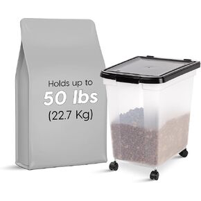 IRIS USA 50 Lbs / 65 Qt WeatherPro Airtight Pet Food Storage Container with Removable Casters, for Dog Cat Bird Pet Food Storage Bin, Keep Fresh, Translucent Body, Easy Mobility, Clear/Black