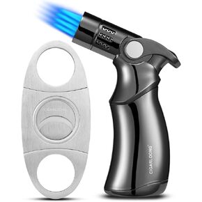 Torch Lighter and Cutter Set, 4 Jet Flame Refillable Lighter and Stainless Steel Double Blade Guillotine-Without Gas (Black) Gifts for Men