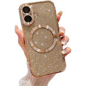 MGQILING Compatible with iPhone 16 Magnetic Glitter Case, Luxury Plating Cute Bling Clear Phone Case, Compatible with MagSafe for Women Girls with Camera Protector Back Cover - Light Blue