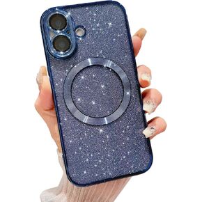 MGQILING Compatible with iPhone 16 Magnetic Glitter Case, Luxury Plating Cute Bling Clear Phone Case, Compatible with MagSafe for Women Girls with Camera Protector Back Cover - Light Blue