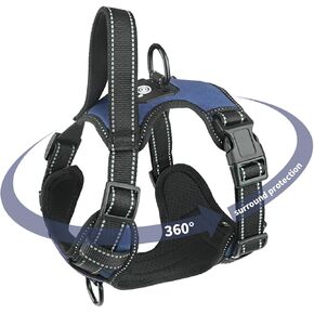 No Pull Dog Harness, Blue Pet Walking Harness with 2 Metal Rings and Adjustable Handle, Reflective, Breathable; Soft Oxford Easy Control Dog Vest with Front Clip for Medium Dogs