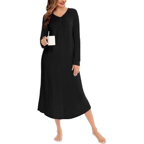 SWOMOG Women's Nightgowns Long Sleeve Nightshirt Full Length Sleepdress Soft Henley Sleep Shirt Housecoat