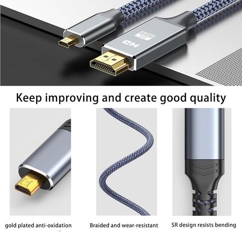 محول كابل Micro HDMI إلى HDMI ذكر 4K، سلك مجدول من النايلون 4K@60 هرتز HDR متوافق مع GoPro Hero، Canon/Nikon/Sony Zfc، الكاميرا، Raspberry Pi 4، بطاقة التقاط الفيديو، رمادي (3FT/1M) (1M) in Kuwait