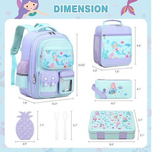 6pcs Girls Backpack with Bento Lunch Box Set, Kids Backpack for School with Lunch Box Lunch Bag Pencil Case Ice Box, Cute Kawaii Backpack Set, Bookbag for Elementary Middle High School in Kuwait