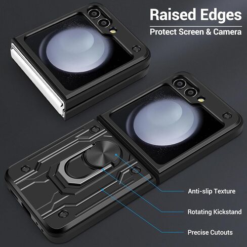 حافظة Vofolen لهاتف Samsung Galaxy Z Flip 5 مع حامل حلقي دوار 360 درجة، حافظة حماية شديدة التحمل مقاومة للصدمات لهاتف Galaxy Z Flip 5 (5G 2023)، أسود in Kuwait