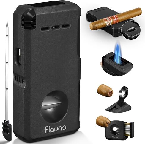 Cigar Torch Lighter, All- in -1 Windproof Jet Flame Cigar Lighter Built-in V-Cut Cigar Cutter, Cigar Punch, Cigar Draw Enhancer, Cigar Holder, Refillable Butane Lighter for Smoking, with Fuel Window in Saudi Arabia