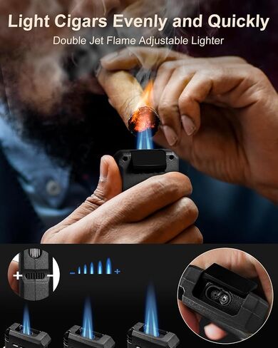 Cigar Torch Lighter, All- in -1 Windproof Jet Flame Cigar Lighter Built-in V-Cut Cigar Cutter, Cigar Punch, Cigar Draw Enhancer, Cigar Holder, Refillable Butane Lighter for Smoking, with Fuel Window in Saudi Arabia
