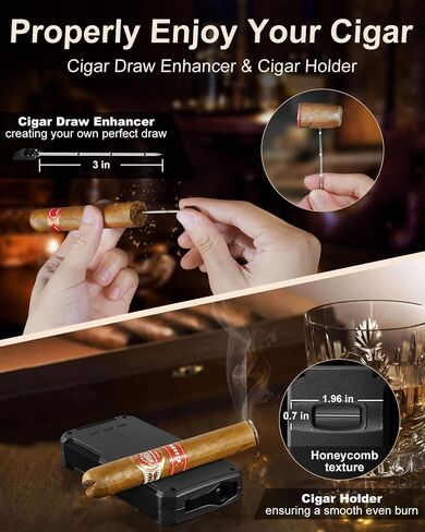 Cigar Torch Lighter, All- in -1 Windproof Jet Flame Cigar Lighter Built-in V-Cut Cigar Cutter, Cigar Punch, Cigar Draw Enhancer, Cigar Holder, Refillable Butane Lighter for Smoking, with Fuel Window in Saudi Arabia