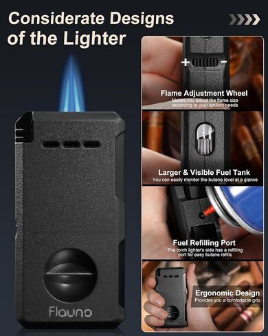 Cigar Torch Lighter, All- in -1 Windproof Jet Flame Cigar Lighter Built-in V-Cut Cigar Cutter, Cigar Punch, Cigar Draw Enhancer, Cigar Holder, Refillable Butane Lighter for Smoking, with Fuel Window in Saudi Arabia