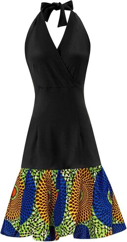 Women African Print Dresses Halter Retro Cocktail Dress in Kuwait