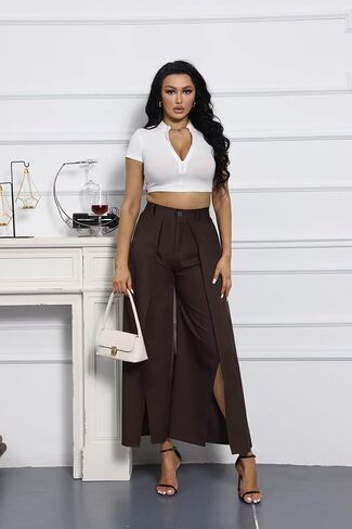 بنطال عالي الخصر واسع الساق للنساء بخصر مطاطي وسحاب خلفي سبليت بالازو in Kuwait