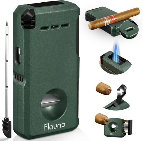 Cigar Torch Lighter, All- in -1 Windproof Jet Flame Cigar Lighter Built-in V-Cut Cigar Cutter, Cigar Punch, Cigar Draw Enhancer, Cigar Holder, Refillable Butane Lighter for Smoking, with Fuel Window in Saudi Arabia