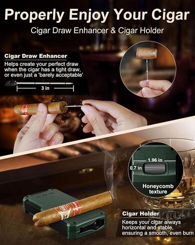 Cigar Torch Lighter, All- in -1 Windproof Jet Flame Cigar Lighter Built-in V-Cut Cigar Cutter, Cigar Punch, Cigar Draw Enhancer, Cigar Holder, Refillable Butane Lighter for Smoking, with Fuel Window in Saudi Arabia