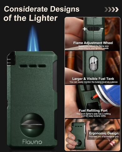 Cigar Torch Lighter, All- in -1 Windproof Jet Flame Cigar Lighter Built-in V-Cut Cigar Cutter, Cigar Punch, Cigar Draw Enhancer, Cigar Holder, Refillable Butane Lighter for Smoking, with Fuel Window in Saudi Arabia