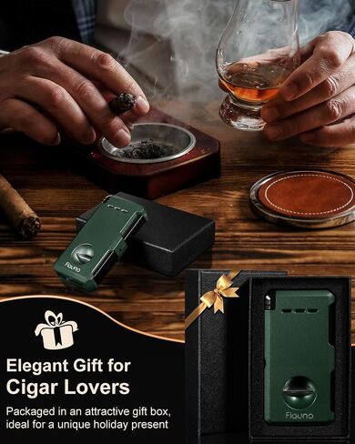 Cigar Torch Lighter, All- in -1 Windproof Jet Flame Cigar Lighter Built-in V-Cut Cigar Cutter, Cigar Punch, Cigar Draw Enhancer, Cigar Holder, Refillable Butane Lighter for Smoking, with Fuel Window in Saudi Arabia