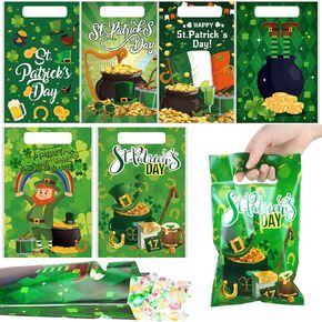 150 Pcs St. Patrick Day Plastic Gift Bags with Handle 6.5 x 9.7 in Irish Shamrock Treat Bags Lucky Goodie Candy Snack Bags Shamrock Wrapping Bags for St. Patrick Party Gift Favors Supplies