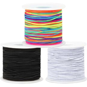 Elastic String for Bracelets Making, 3 Rolls 1MM Stretchy Friendship Bracelet Thread Rope Cord Twine for Beads, Jewelry Making, Necklaces, Beading, Sewing and DIY Wire Crafts (Black, White, Rainbow)