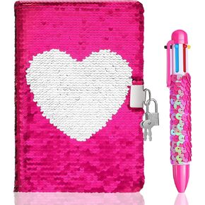 A5 Reversible Sequin Diaries journal with Lock Key 6 in 1 Retractable Ballpoint Pens for Valentine's Day Halloween Christmas Party Toys(Green,Mermaid Style)