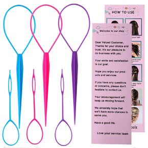 6pcs Topsy Tail Hair Tool Set,Hair Loop Styling Tool Hair Pull Through Tools are in large and small sizes,3 colors (pink, blue, purple)-Ponytail Maker French Braid Loop for women,girls hair