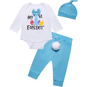 Baby Boy My First Easter Outfit Set Infant Long Sleeve Bow-tie Romper Bunny Pants with Hat