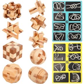 25 Pcs Wooden Brain Teaser Puzzles Metal Wire Puzzle Set, 3D Unlock Interlock Game IQ Test Toy Mind Game Toys Brain Teaser Toy Puzzle for Adults
