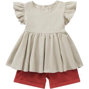 SYNPOS طفل رضيع الفتيات وتتسابق مجموعة ملابس أنيقة القطن الكتان كشكش الرسن فساتين بلا أكمام الاطفال الصيف فستان الشمس in Kuwait