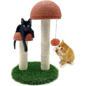 BNOSDM Mushroom Cat Scratcher with 2 Sisal Poles, Cat Scratching Post Pet Interactive Toy Scratch Post with 12 Pcs Cat Toys and Hanging Ball for Indoor Kitten Kitty Small Cats (Grey)