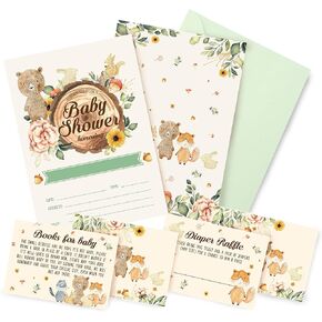 دعوات استحمام الطفل من وودلاند، 20 دعوة مع 20 ظرفًا، 20 بطاقة يانصيب للحفاضات، 20 بطاقة طلب كتاب استحمام الطفل، موضوع الغابة، مخلوقات الغابة، الدب الغزلان، الأرنب، الموظ، الراكون، 20 ملء الدعوات والمغلفات in Kuwait