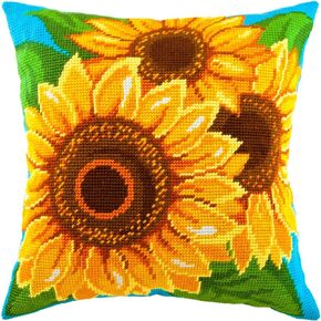 Brvsk Floral Needlepoint Kit for Adults and Beginners — Sunflowers 16″ × 16″ with Clear, Precise Printed Design on Cotton Canvas; Includes 2 Needles, Yarn, and Easy-Read Chart