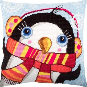 Brvsk Winter Needlepoint Kit for Adults and Beginners — Penguin 16″ × 16″ with Clear, Precise Printed Design on Cotton Canvas; Includes 2 Needles, Yarn, and Easy-Read Chart