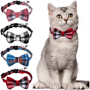 4Pcs Cat Collars Bow Tie with Bell, Breakaway Kitten Collar for Cats Cute Plaid Design Adjustable Pet Collars 7-12inch for Kitten Cats and Small Dogs