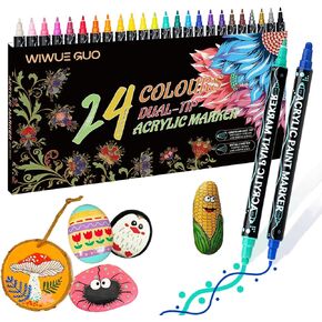 أقلام طلاء أكريليك 24 لونًا من WIWUE GUO، علامات طلاء أكريليك ذات طرف مزدوج مع طرف فرشاة وطرف رفيع، أقلام أكريليك للرسم الصخري، الخشب، الزجاج، السيراميك، القماش، الحرف اليدوية لصناعة اللوازم الفنية in Kuwait