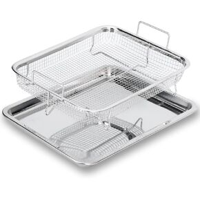 سلة مقلاة هوائية من الفولاذ المقاوم للصدأ مقاس 13 × 9.6 بوصة من Ingcebo للفرن، صينية فرن محمصة، سلة مقلاة هوائية للفرن الحراري، تبريد الخبز، مجموعة من قطعتين للبطاطس المقلية/لحم الخنزير المقدد/الدجاج (فضي) in Kuwait