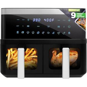 Nutrichef Double Basket Air Fryer 8.8 QT | Family Size Oil Free Airfryer with Transparent Window | 9-1 Preset Cooking Options | 360° Hot Air Circulation Technology | 4.4 QTs per Basket | Black