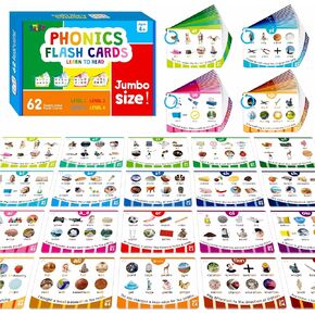 Phonics Flashcards, 120 Phonics 62 Double-Sided Cards - 20 Phonic Group Sets CVC, Digraph, Trigraph Blends Long Vowel Sounds, Early Educational Tool for Kids Ages 4-8 Years Old (4 Plastic Rings)