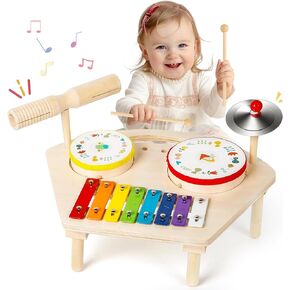 M SANMERSEN Kids Drum Set 7 in 1 Toddler Music Toys Wooden Montessori Musical Instruments Baby Sensory Toys Birthday Xmas Gifts for Girls Boys