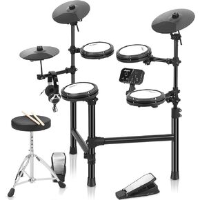 Electric Drum Set, Electronic Drum Set for Beginner with 150 Sounds, Drum Set for kids with 4 Quiet Electric Drum Pads, 2 Switch Pedal, Drum Throne, Drumsticks, On-Ear Headphones
