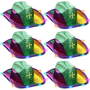 6 قطع من قبعة فيدورا LED المضيئة بالترتر من Mardi Gras، قبعة زي رعاة البقر بالترتر الوامض من Mardi Gras مع ترتر ذهبي أخضر أرجواني لهدايا حفلات Mardi Gras، مقاس 14.96 × 11.42 × 4.33 بوصة in Kuwait