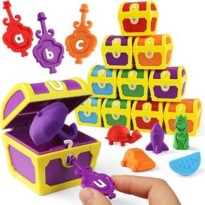 Coogam Alphabet Learning Toys for Toddlers, 26pcs Letters Surprise Treasure with Keys, Uppercase Lowercase ABC Matching Color Sorting Game, Montessori Fine Motor Skill Gift for 3 4 5 Year Old